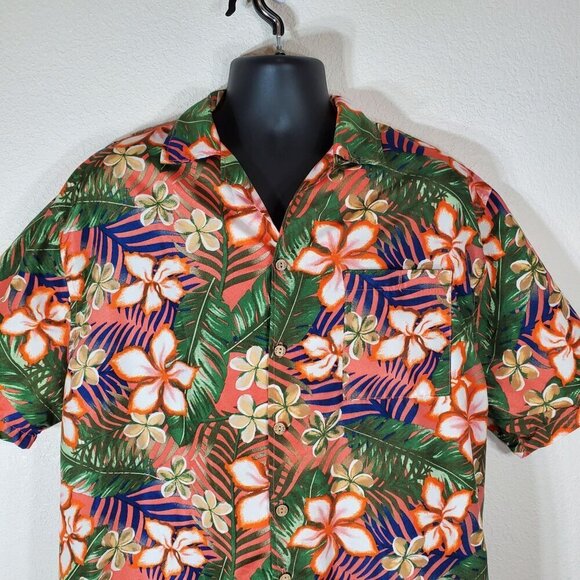 Uzzi Mens XL Hawaiian Floral Short Sleeve Shirt Green/Orange Tropical Button-Up - Picture 10 of 10